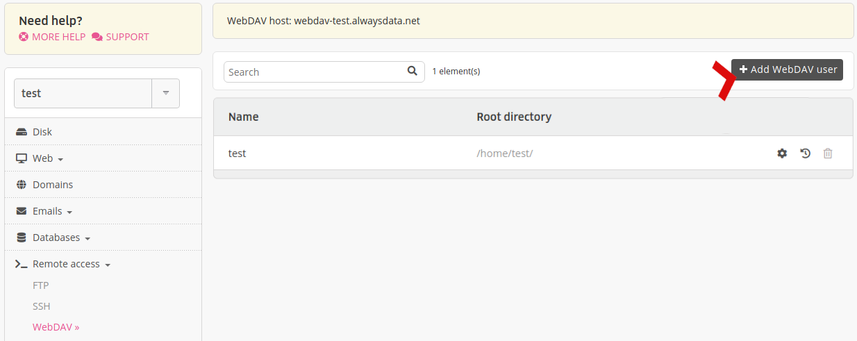 Administration interface: list of WebDAV users